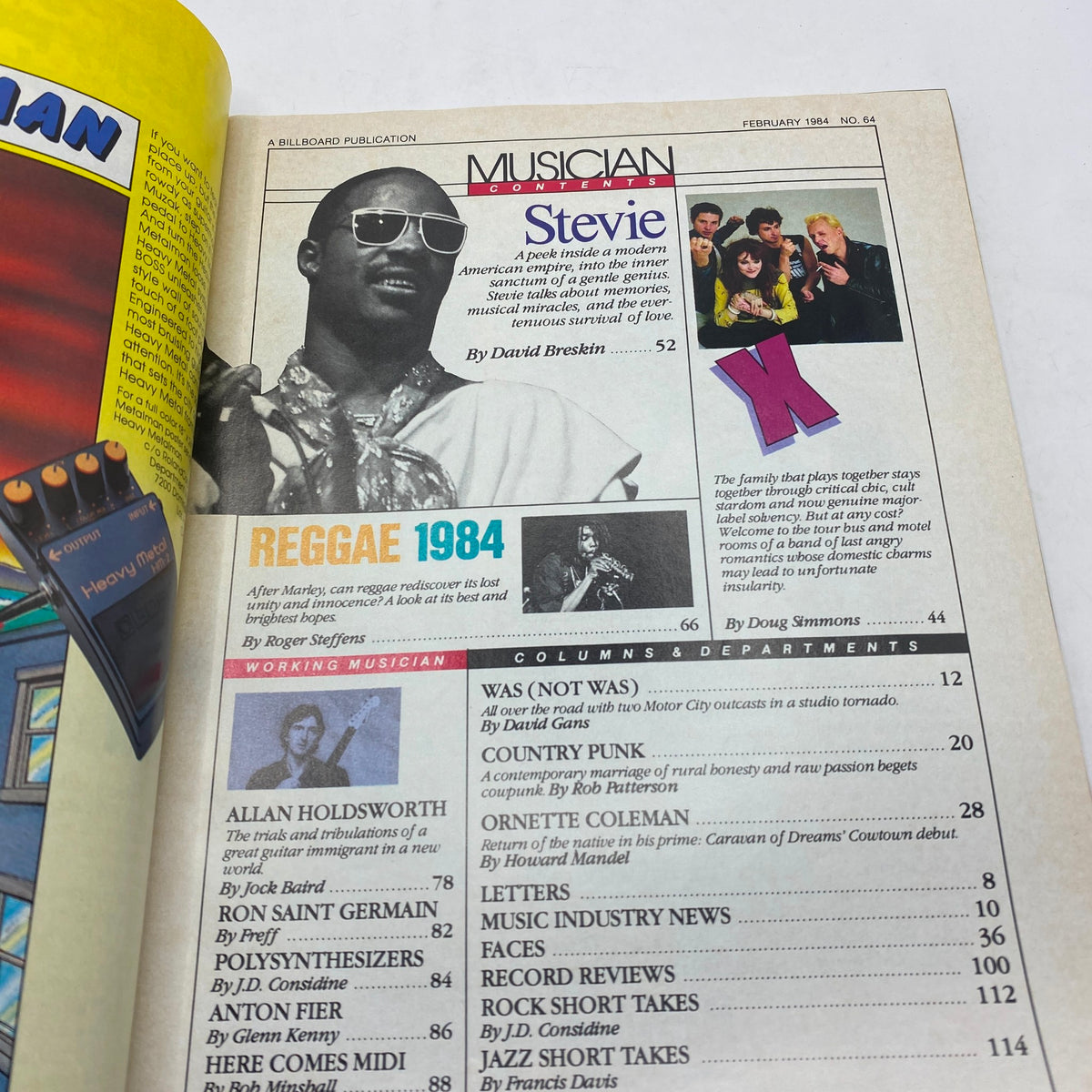 Interior page of VTG Musician Magazine February 1984 featuring an article about Stevie Wonder by David Breskin, highlighting music culture and history with visuals from the early '80s.