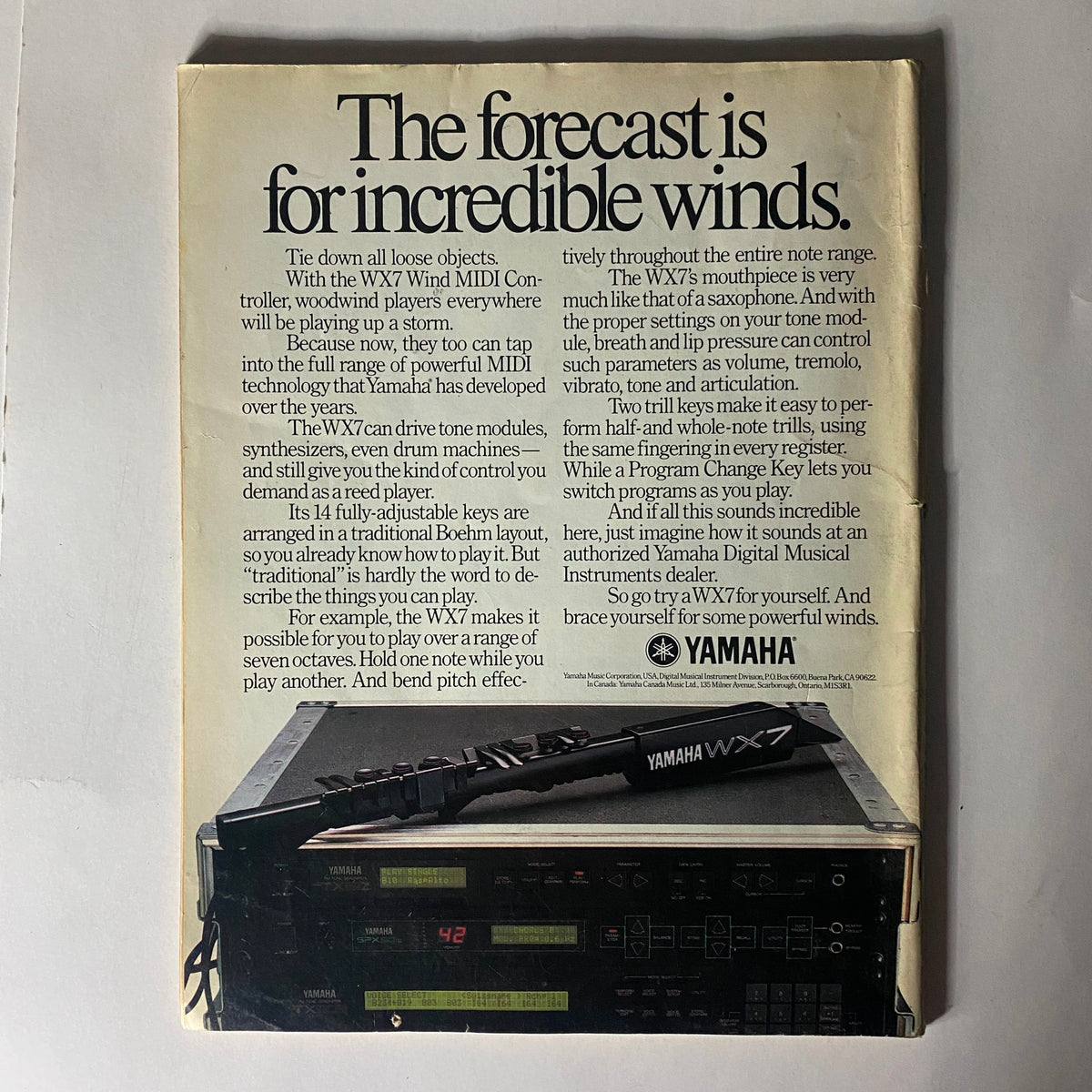 Yamaha WX7 Wind MIDI controller advertisement featuring a brown background, displaying the text 'The forecast is for incredible winds'. The ad highlights the features of the WX7, including its ability to control MIDI technology, adjustable keys, and play a range of seven octaves. The advertisement comes from the March 1988 issue of Musician Magazine titled 'Zen and the Art of Led Zeppelin'.