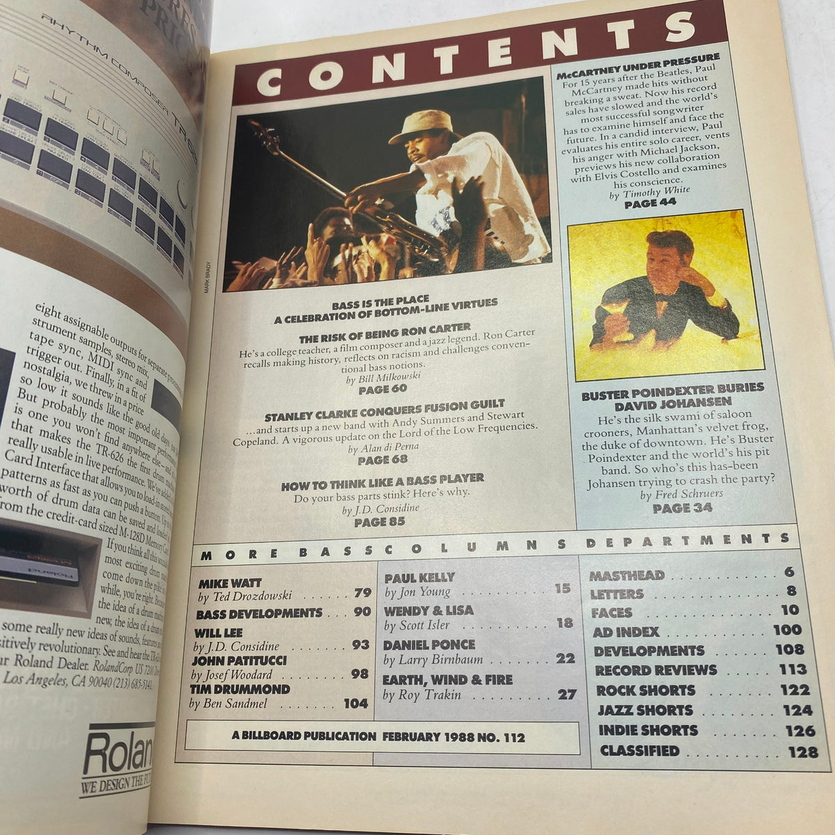 Contents page of the February 1988 issue of Musician Magazine No. 112 featuring Paul McCartney, highlighting articles on various musicians and topics in music.