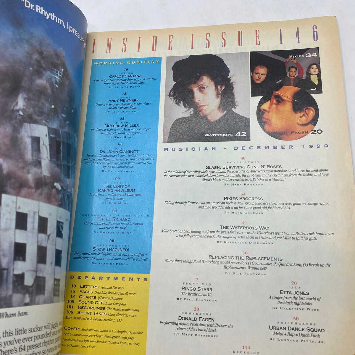 Inside view of VTG Musician Magazine December 1990 featuring articles and features, including Slash and Guns N' Roses, with a detailed table of contents showcasing key musicians and topics from the issue.