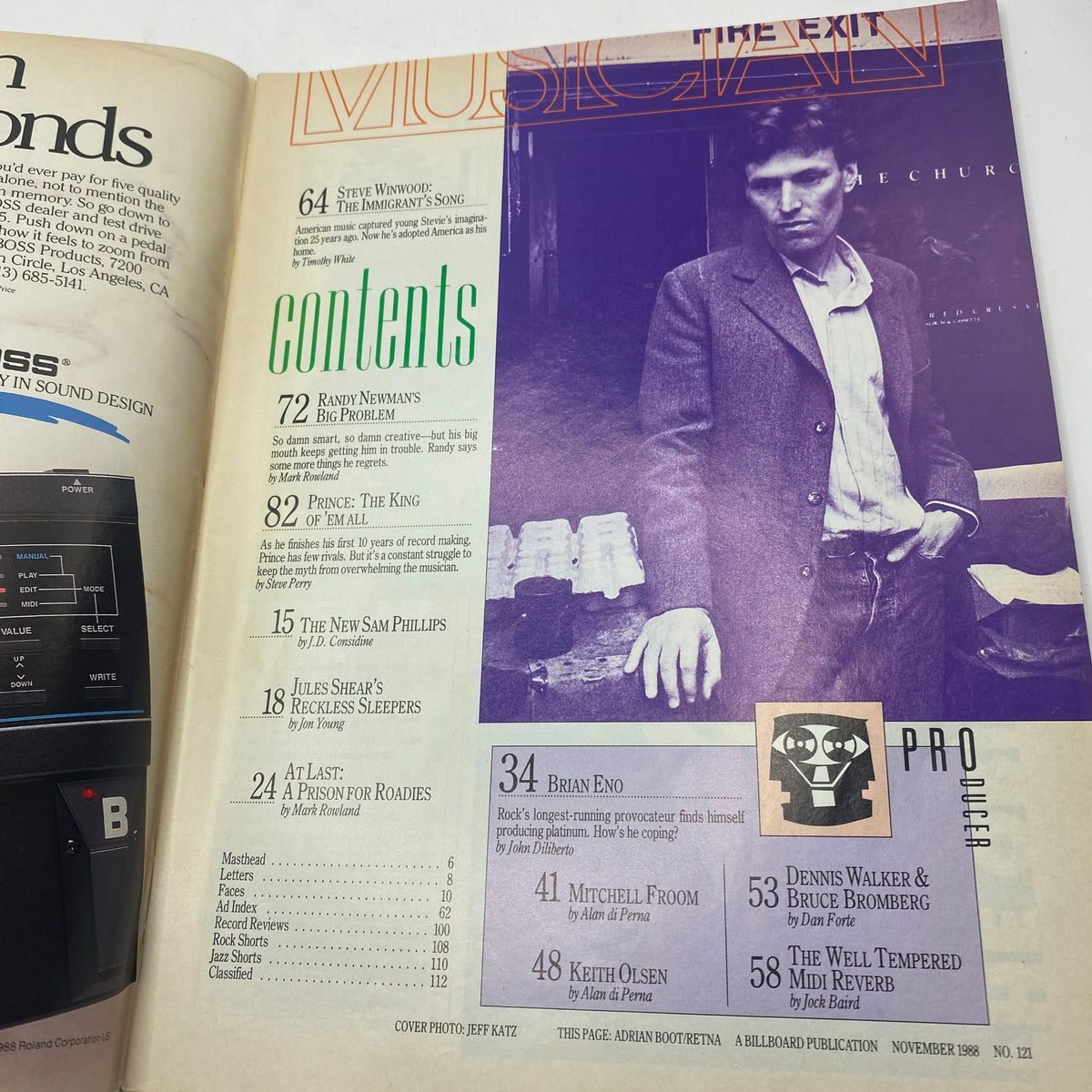 Musician Magazine November 1988 featuring Prince and Randy Newman on the cover, displaying the table of contents with a list of featured articles.