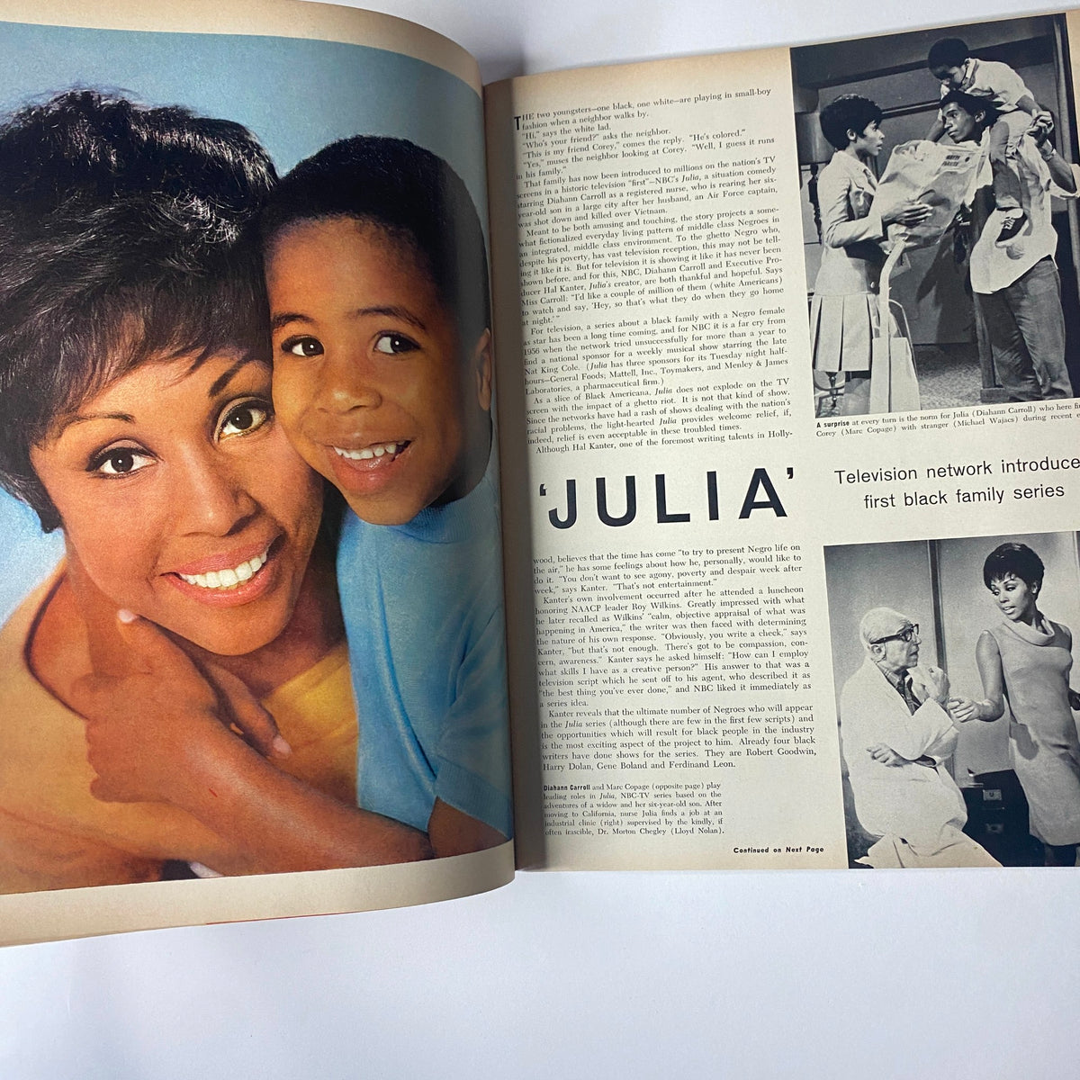 Julia feature in Ebony Magazine, November 1968, showcasing Diahann Carroll and Marc Copage. Celebrates the groundbreaking role of a Black family in prime-time television with behind-the-scenes insights.