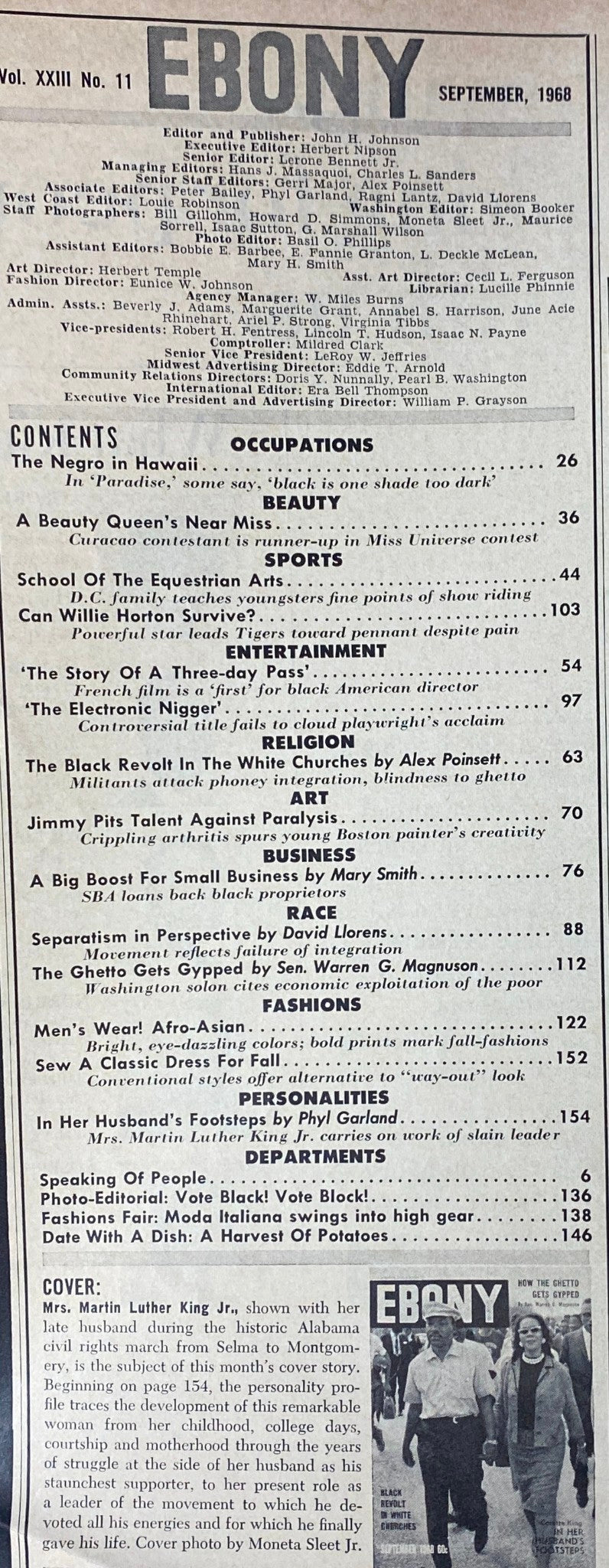 Table of contents from Ebony Magazine September 1968, showcasing notable articles such as 'How The Ghetto Gets Gypped' and 'In Her Husband’s Footsteps' by Phyl Garland.