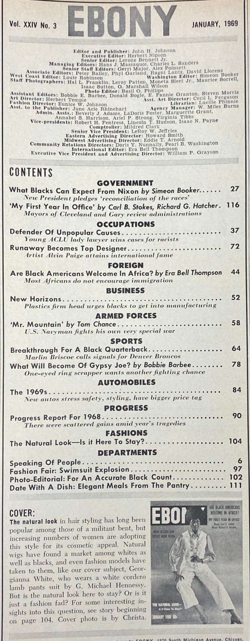 Contents page of Ebony Magazine January 1969, Vol. XXIV, No. 3, detailing featured articles on politics, culture, and social issues relevant to the Black community. Includes key articles and their page numbers for easy reference.