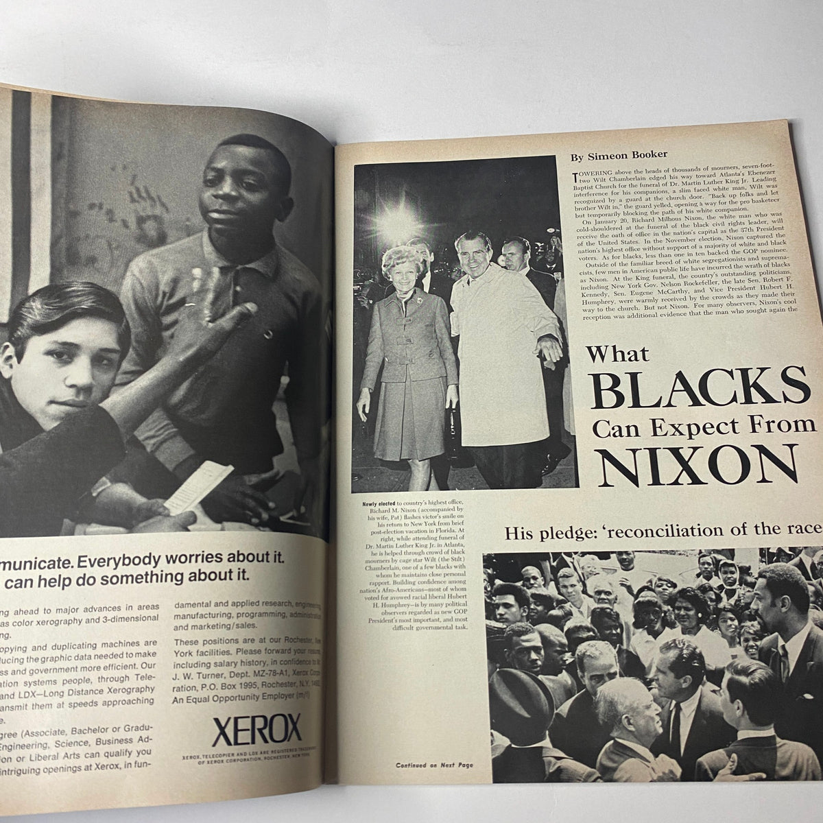 Inside page of Ebony Magazine January 1969 featuring the article 'What Blacks Can Expect From Nixon' by Simeon Booker discussing political expectations during Nixon's administration.