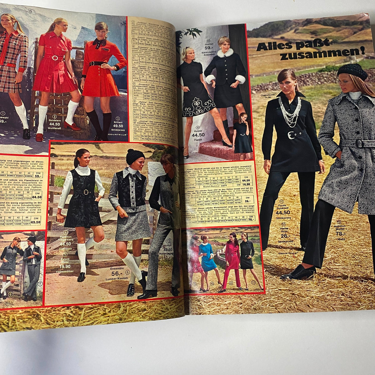Interior layout of the 1969 - 1970 Quelle Winter Catalog presenting an array of chic outfits, including plaid skirts and tailored dresses, emphasizing coordinated winter fashion.