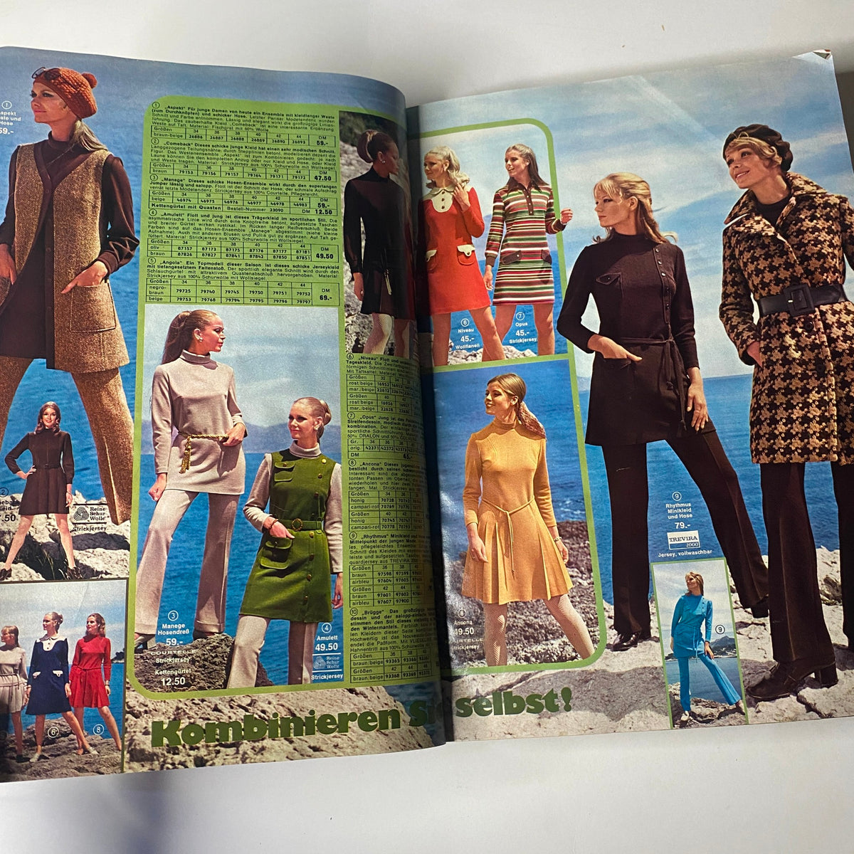 1969 - 1970 Quelle Winter Catalog showcasing elegant women’s fashion with models wearing tailored outfits and dresses in a coastal setting, highlighting late 1960s German style.
