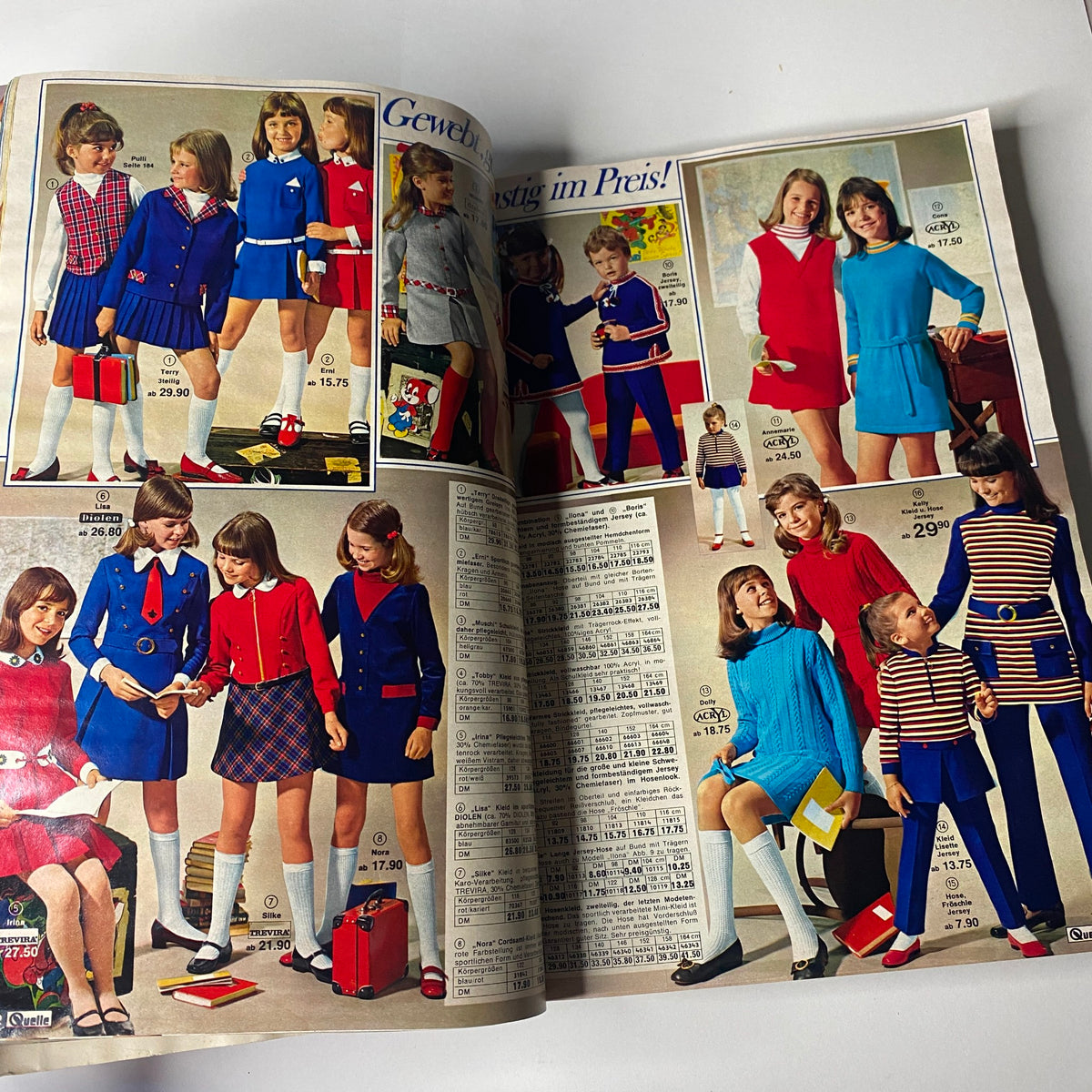 1969 - 1970 Quelle Winter Catalog displaying fashionable children’s outfits, including dresses and sweaters, with playful styling and accessories, emphasizing mid-century fashion.