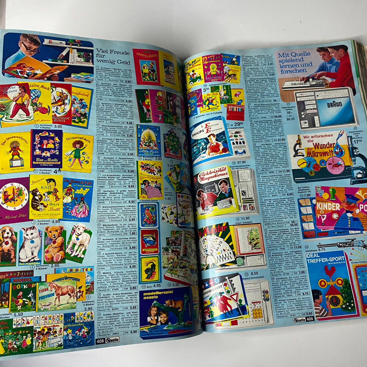 1969 - 1970 Quelle Winter Catalog highlighting colorful children's books and educational toys, featuring various playful illustrations and prices for each item.