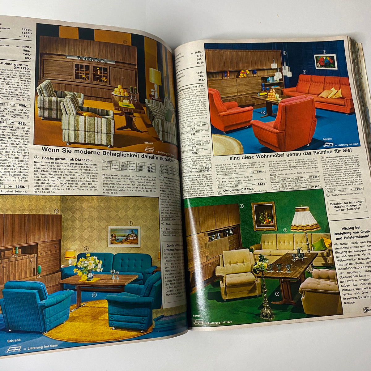 1969 - 1970 Quelle Winter Catalog showcasing a vibrant interior design spread featuring stylish furniture sets in a variety of colors and arrangements, reflecting mid-century modern aesthetics.