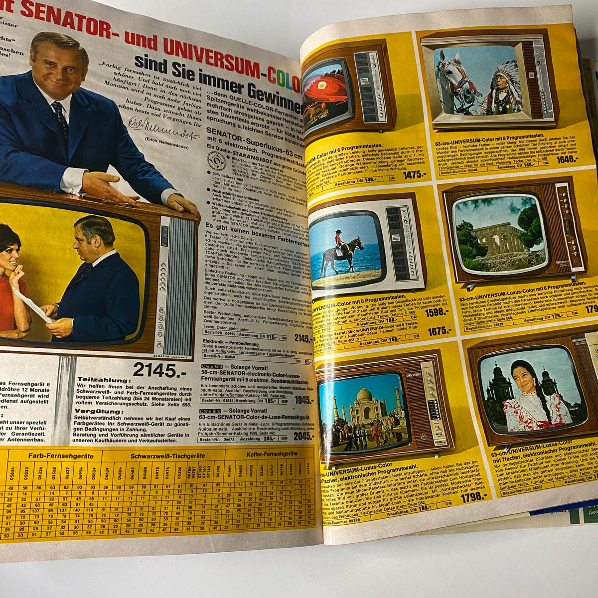 1969 - 1970 Quelle Winter Catalog featuring a vintage television advertisement with a prominent spokesperson, highlighting 1960s audio-visual technology and its historical context.