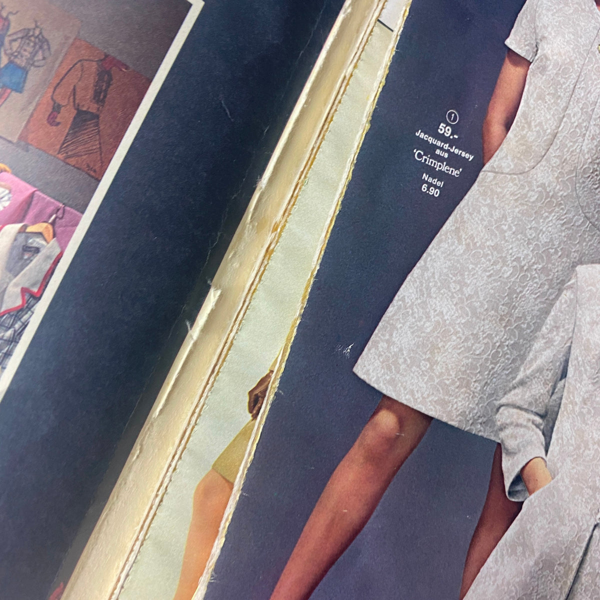 Close-up of a page in the 1969 Quelle Summer Catalog featuring a light-colored dress design and fashion illustrations from the 1960s.