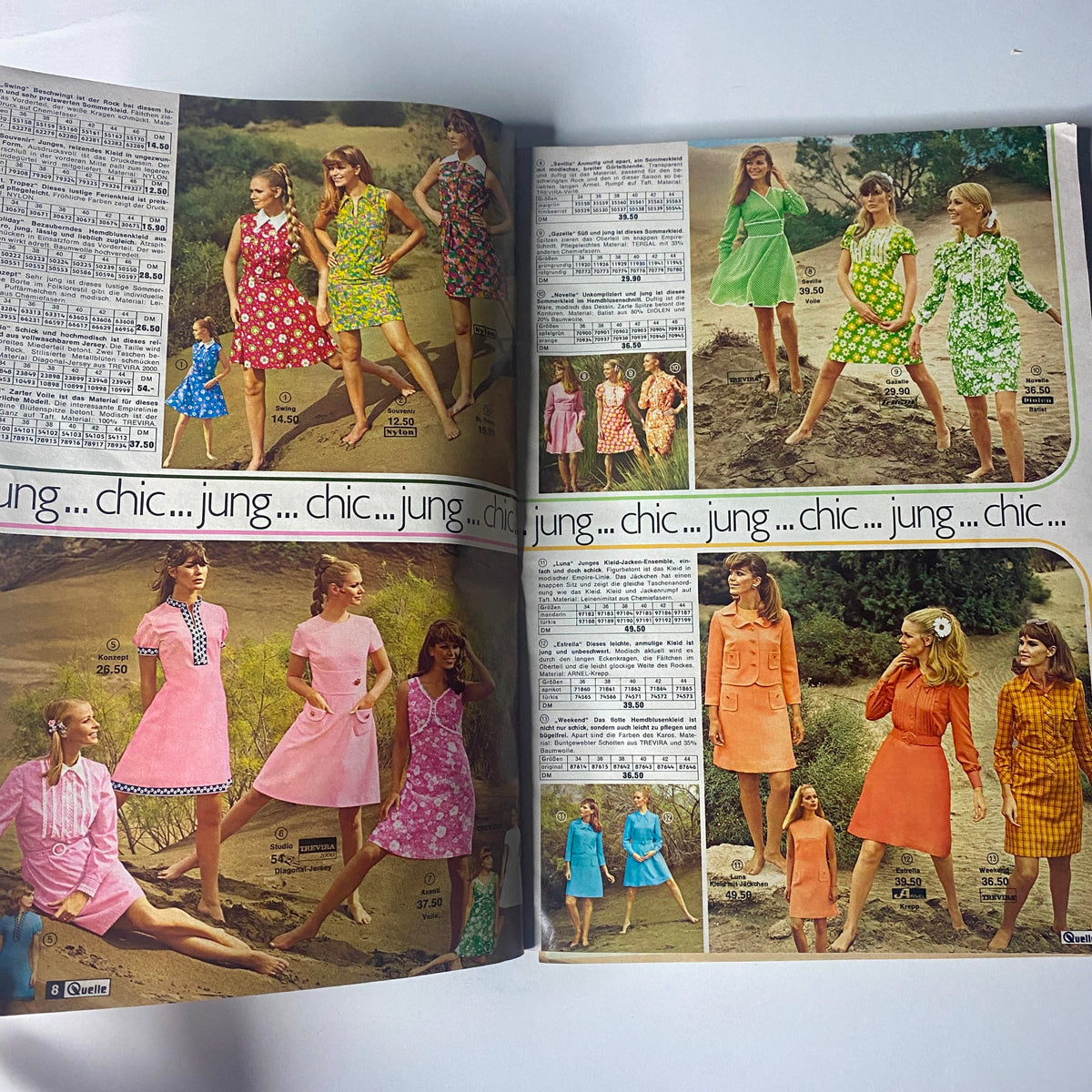Colorful fashion page from the 1969 Quelle Summer Catalog featuring a variety of summer dresses in playful patterns and colors, capturing youthful style.