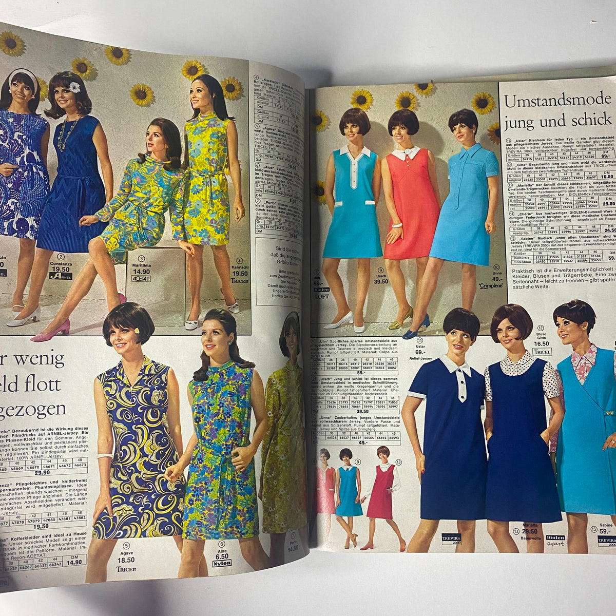 1969 Quelle Summer Catalog showcasing a variety of women's fashion styles including floral and solid color dresses, featuring models with diverse hairstyles posing against a vibrant background.