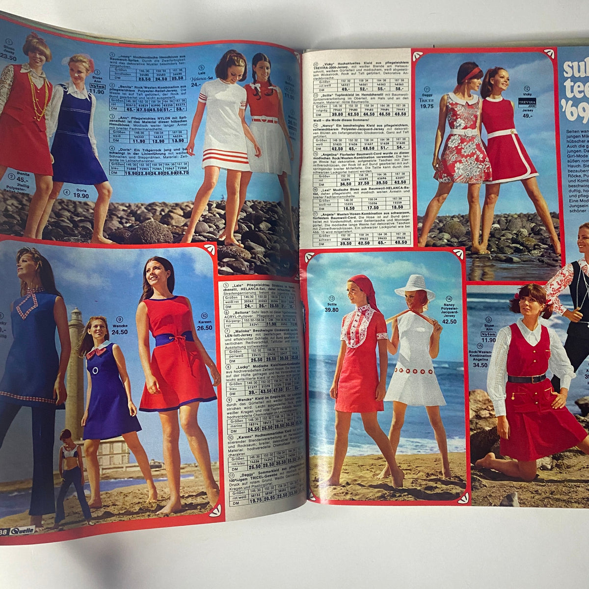 1969 Quelle Summer Catalog displaying colorful summer dresses suitable for beach wear, showing models in vibrant red, blue, and white outfits against a coastal backdrop.