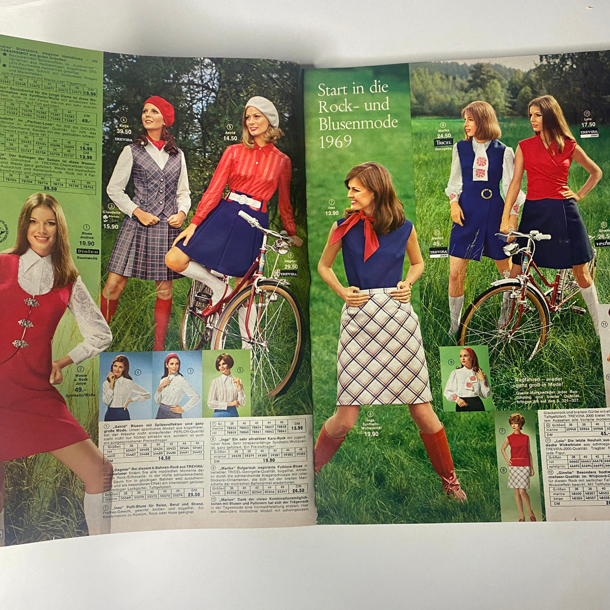 1969 Quelle Summer Catalog presenting fashionable women's outfits, including skirts and blouses, with models posing in an outdoor setting, reflecting the styles of 1969.