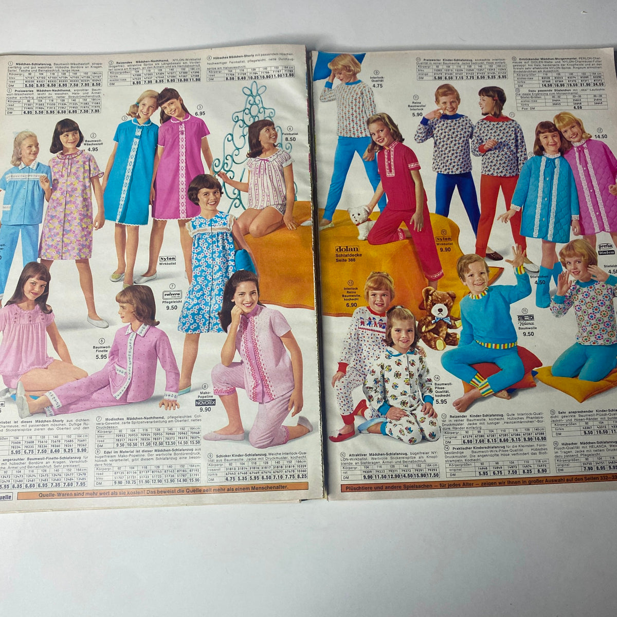 1969 Quelle Summer Catalog showcasing children in vibrant pajamas and sleepwear, featuring pastel colors and playful patterns, highlighting late 1960s fashion trends.