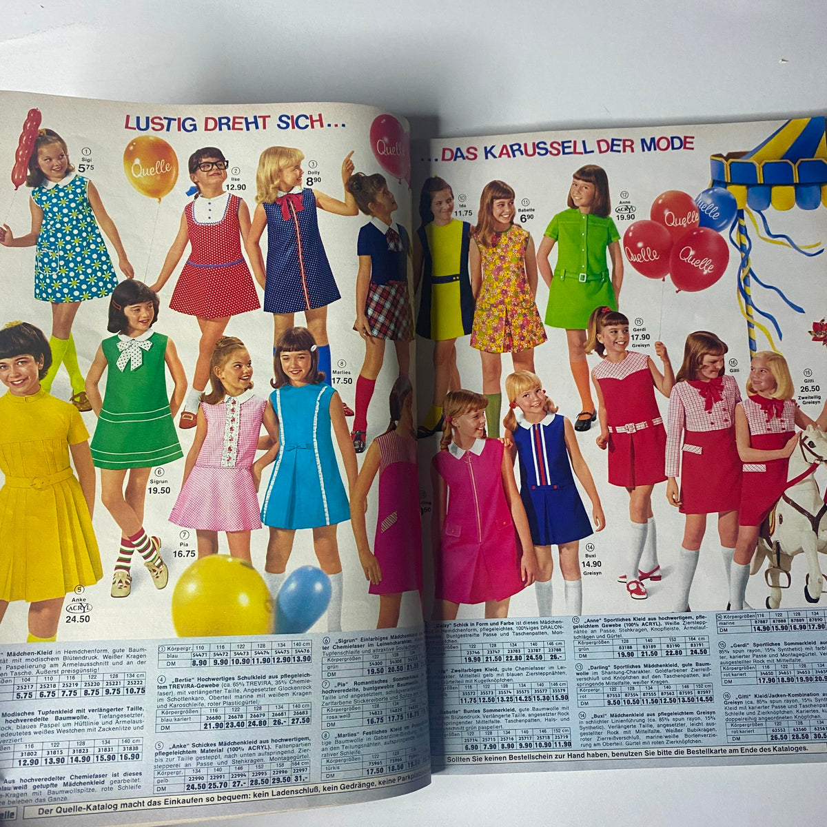 1969 Quelle Summer Catalog featuring girls in colorful summer dresses, including bright polka dots and bold colors, embodying the playful spirit of 1960s fashion.