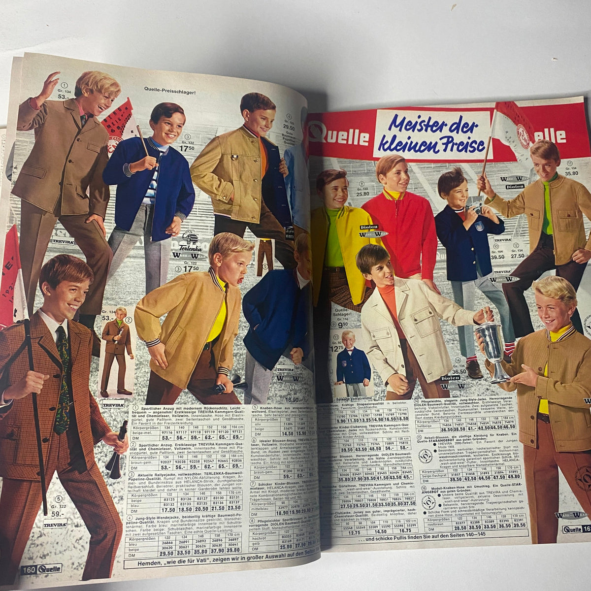 1969 Quelle Summer Catalog displaying a variety of stylish boys' suits and jackets, showcasing the formal fashion of the late 1960s for young males.