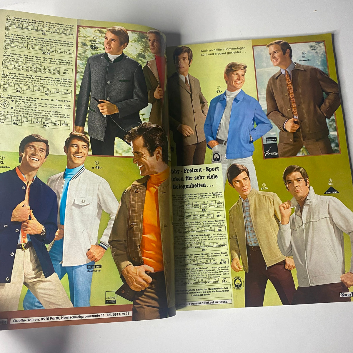 1969 Quelle Summer Catalog presenting stylish men's outerwear and casual wear, featuring a variety of jackets and coats in trendy designs from the late 1960s.