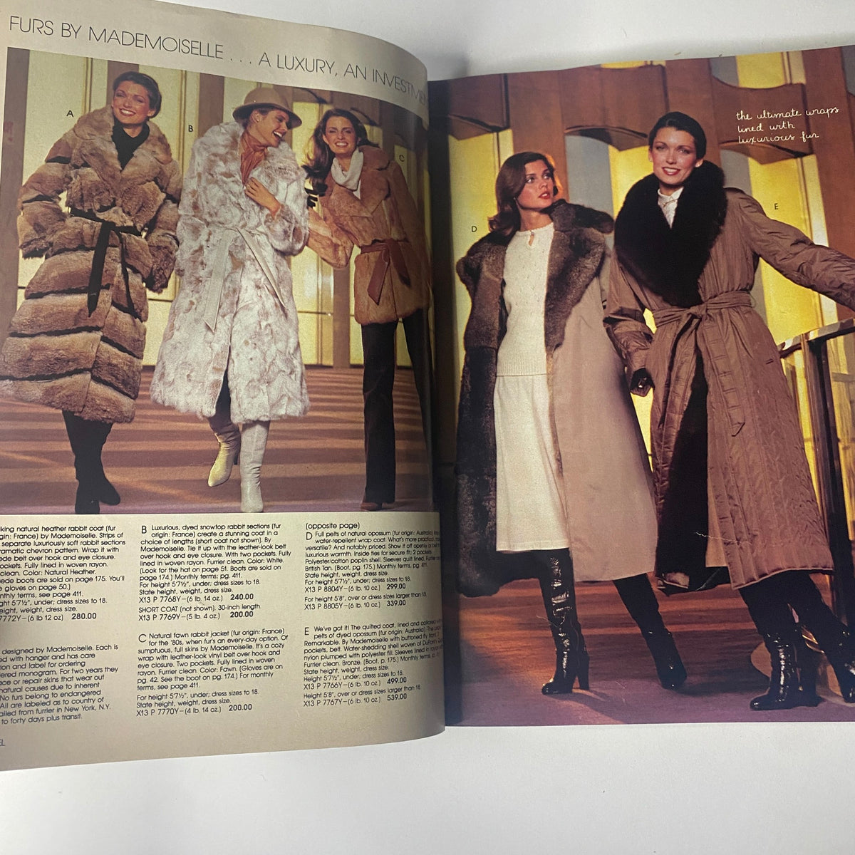 Interior spread of the 1980 Spiegel Fall and Winter Catalog featuring models in luxurious fur coats and winter fashion, highlighting elegance and style.