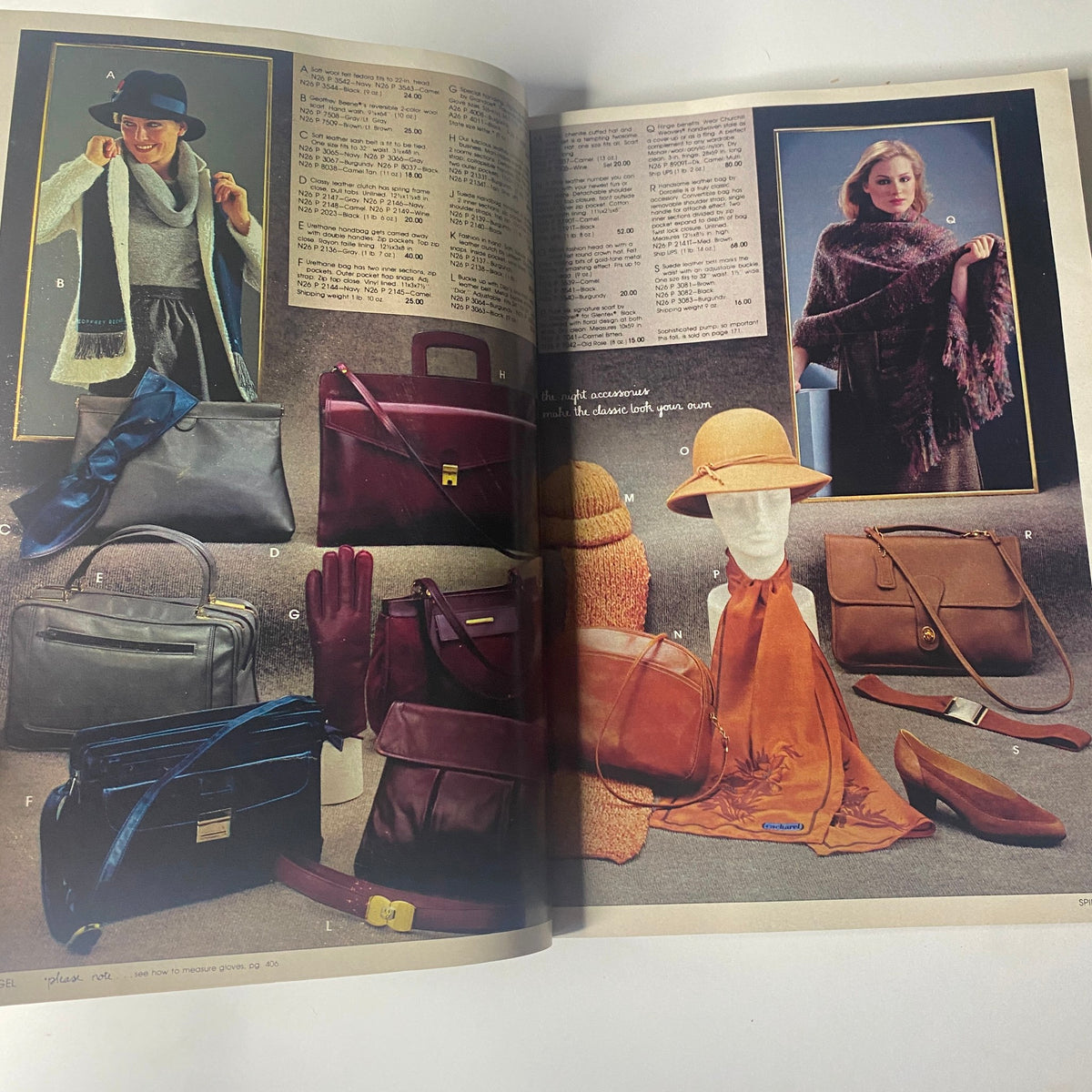 1980 Spiegel Fall and Winter Catalog showcasing fashion accessories including bags, gloves, and hats on a stylish display, emphasizing sophistication and winter elegance.