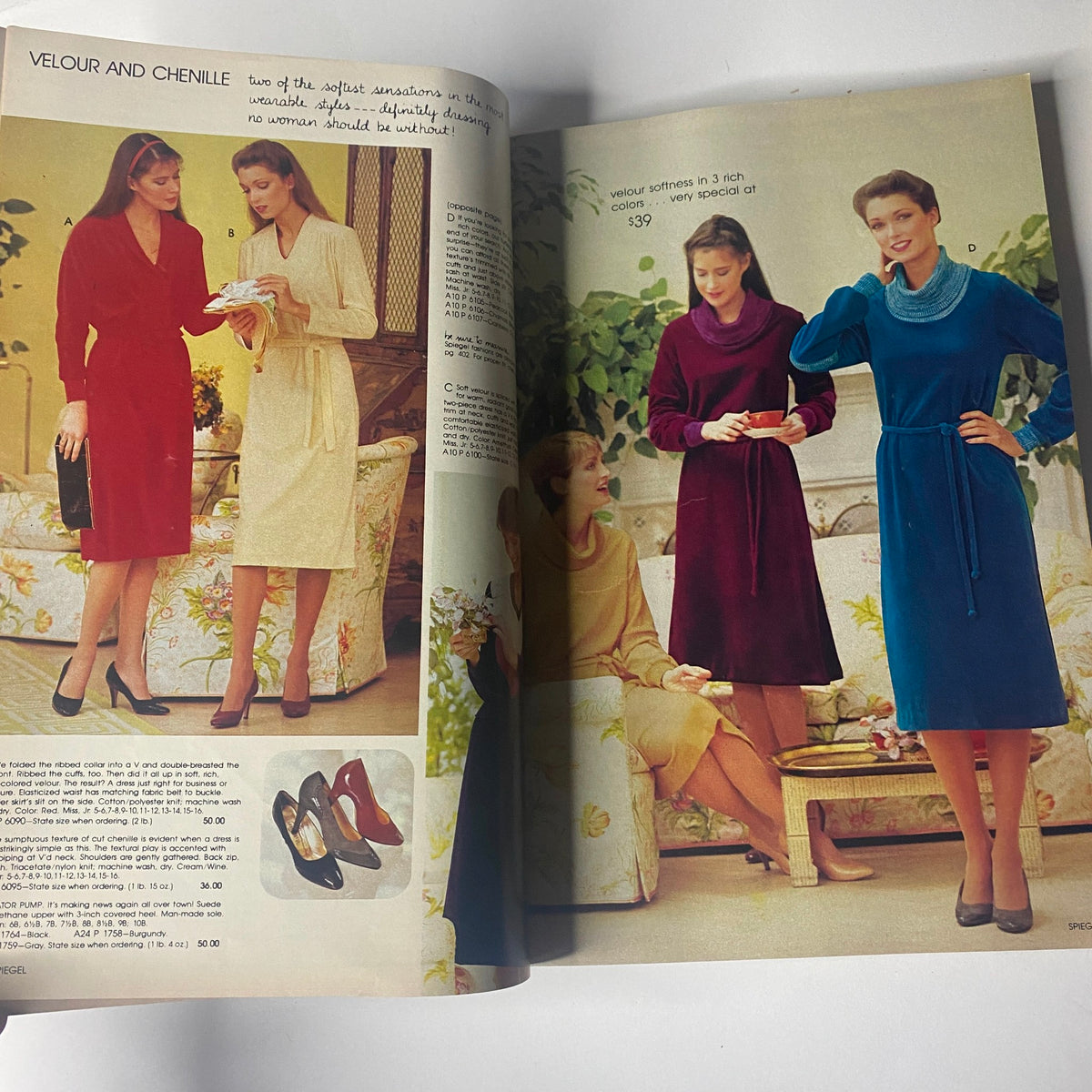 1980 Spiegel Fall and Winter Catalog presenting elegant velour and chenille dresses, showcasing luxurious fabrics and styles suitable for day or evening events.