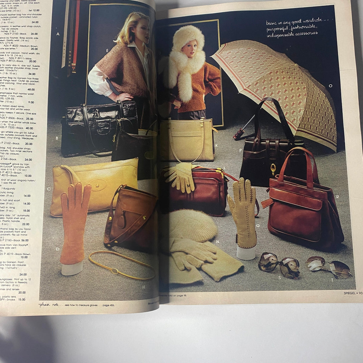 1980 Spiegel Fall and Winter Catalog featuring a stylish display of accessories including handbags, gloves, and hats, highlighting autumn fashion essentials.