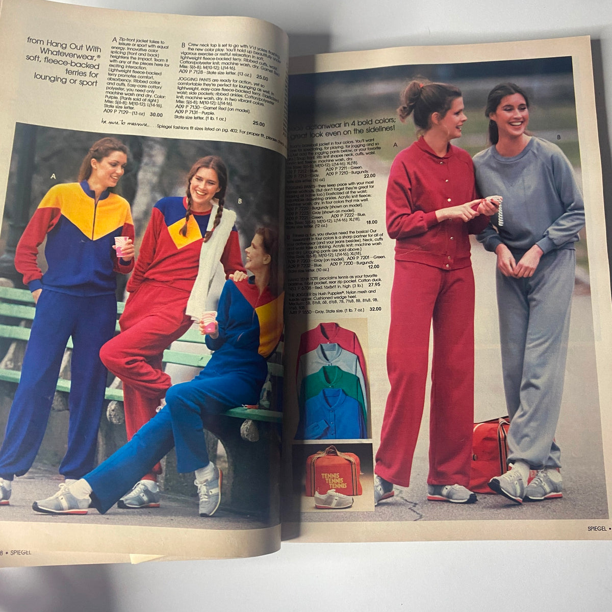 1980 Spiegel Fall and Winter Catalog illustrating women in colorful tracksuits, embodying the casual fashion trends of the 1980s for leisure and comfort.