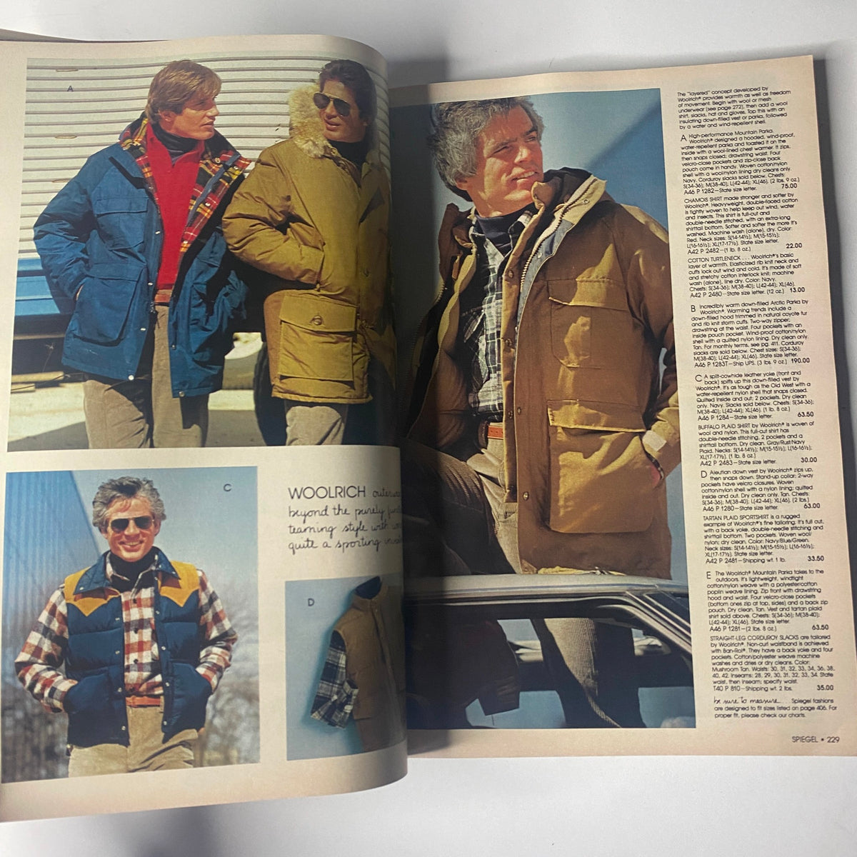1980 Spiegel Fall and Winter Catalog showcasing three men in stylish winter jackets, highlighting sporty outerwear trends of the 1980s.