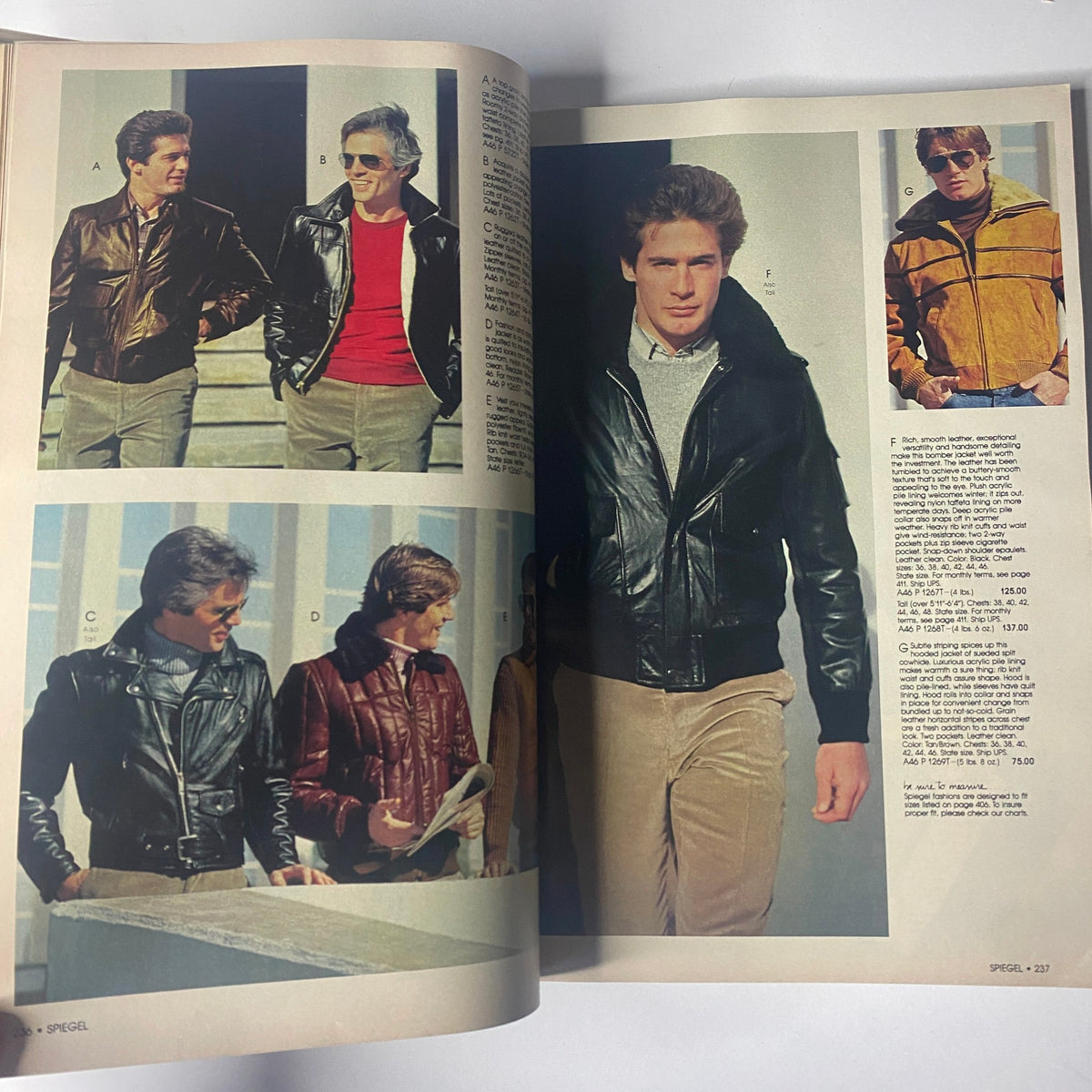 1980 Spiegel Fall and Winter Catalog displaying three men in fashionable leather jackets, representing the classic outerwear style of the early 1980s.