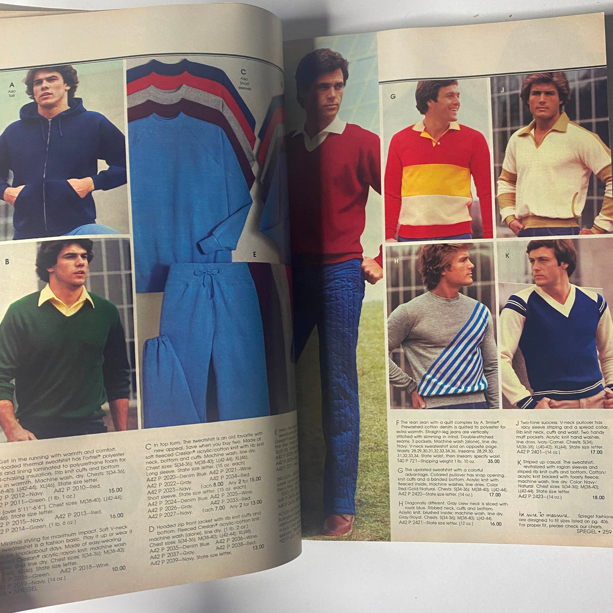 1980 Spiegel Fall and Winter Catalog featuring three men dressed in vibrant knit sweaters, illustrating the color palette and fashion of 1980s menswear.