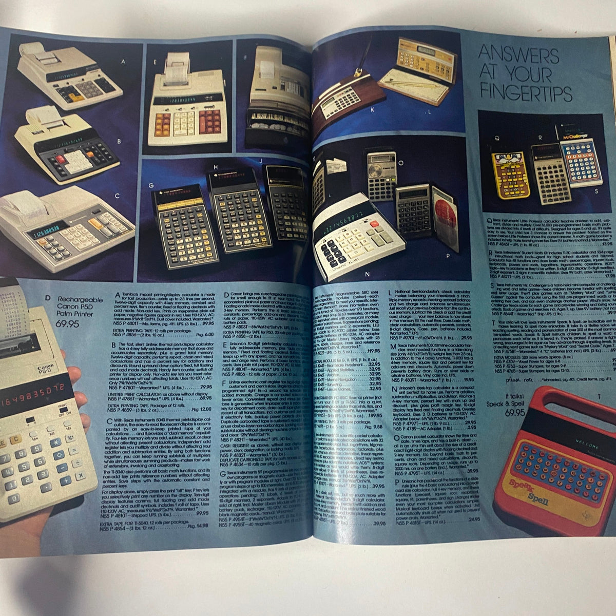 1980 Spiegel Fall and Winter Catalog featuring various calculators displayed prominently. Ideal for tech enthusiasts, showing advanced features of electronic calculators from that era.