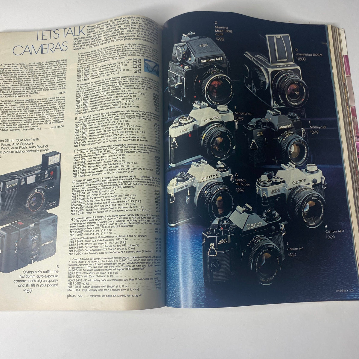 1980 Spiegel Fall and Winter Catalog presenting an array of cameras, including well-known brands from the 1980s. A valuable reference for photography aficionados highlighting both film and digital options.
