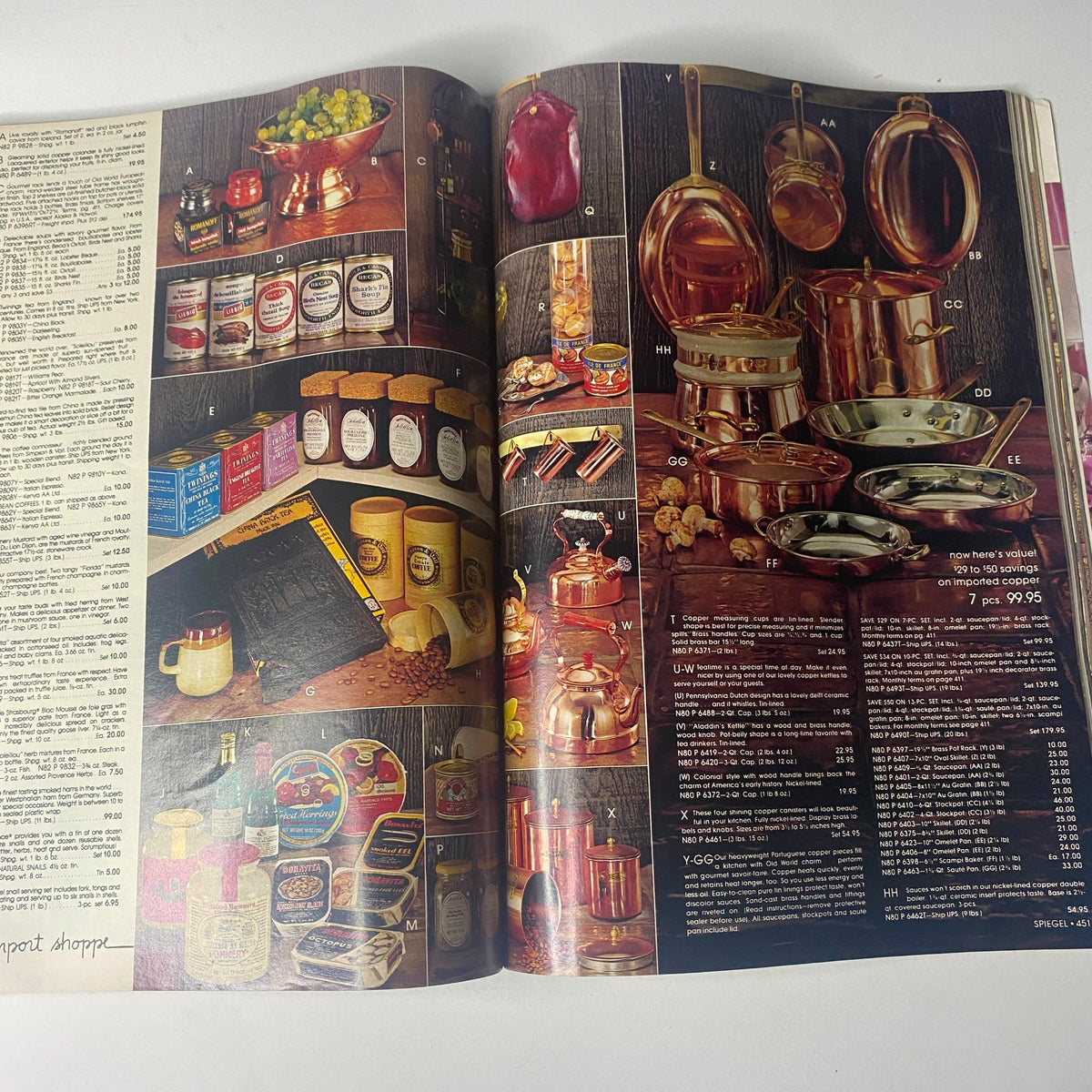 1980 Spiegel Fall and Winter Catalog displaying a variety of kitchenware and gourmet food items arranged elegantly. Perfect for collectors interested in vintage culinary styles and home goods.