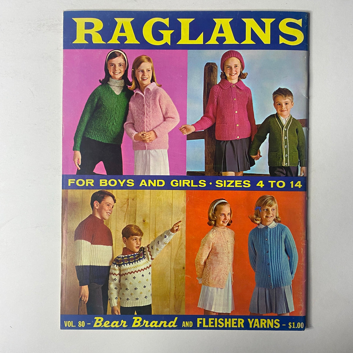 1964 Vol. 80 Raglans For Boys and Girls Sweater Vest Catalog cover featuring a group of children in various colorful knit sweaters and vests, promoting Bear Brand and Fleisher yarns.