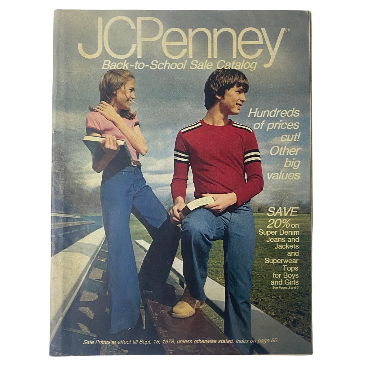 Cover of 1978 JC Penney Back-to-School Sale Catalog featuring a stylish boy and girl holding notebooks, promoting discounts on denim jeans and jackets.