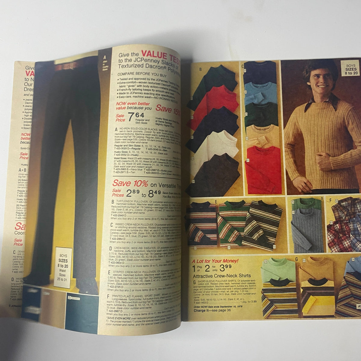 1978 JC Penney Back-to-School Sale Catalog page showcasing a variety of colorful sweaters and pants with promotional pricing details. Includes visible markdowns and descriptions such as ‘Save 10% on Versatile Tops’ and ‘Save 15% on Sweaters.’ Design features classic 1970s youth fashion.