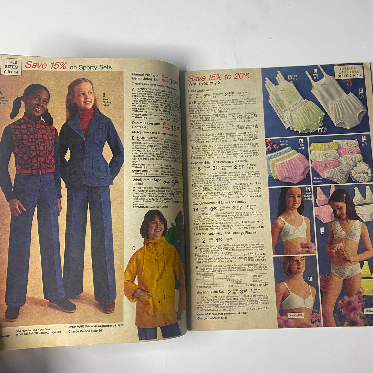 1978 JC Penney Back-to-School Sale Catalog page illustrating sporty clothing ensembles for girls, including sets of matching tops and bottoms. Promotional messages highlight discounts such as ‘Save 15% on Sporty Sets,’ reflecting the late-1970s apparel trends.