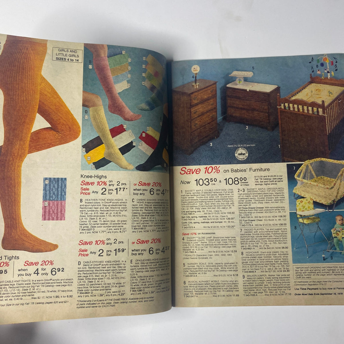 1978 JC Penney Back-to-School Sale Catalog page showing an array of children’s hosiery and nursery furniture. Pricing details include ‘Save 10% on Babies’ Furniture,’ emphasizing practical yet stylish options from the 1978 back-to-school collection.
