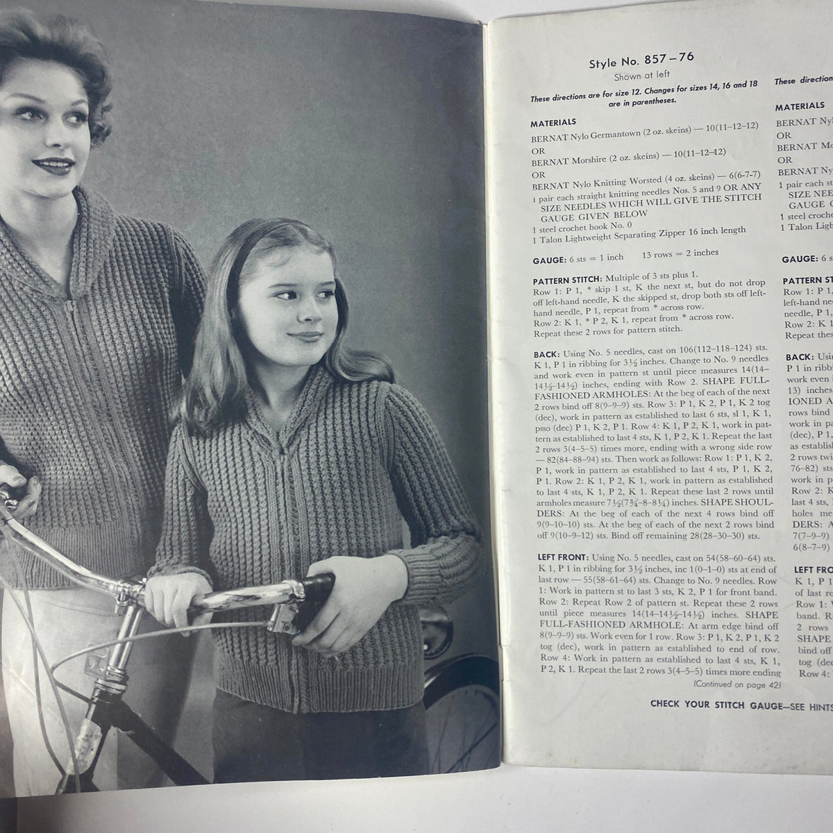 Detailed page from the 1959 Bernat Handicraft Bulky Knits Catalog featuring Style No. 857-76, with instructions for a mother-daughter matching cardigan set. This page provides materials and gauge specifics for knitters interested in vintage patterns.