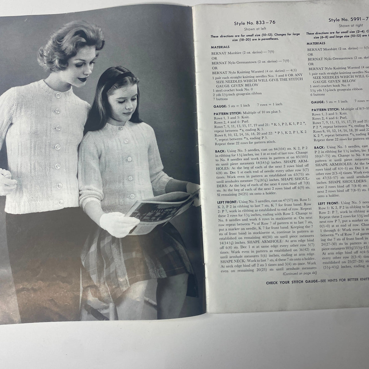 1959 Bernat Handicraft Bulky Knits Catalog showcasing a mother and daughter in matching zippered ribbed sweaters, highlighting mid-century knitwear fashion.