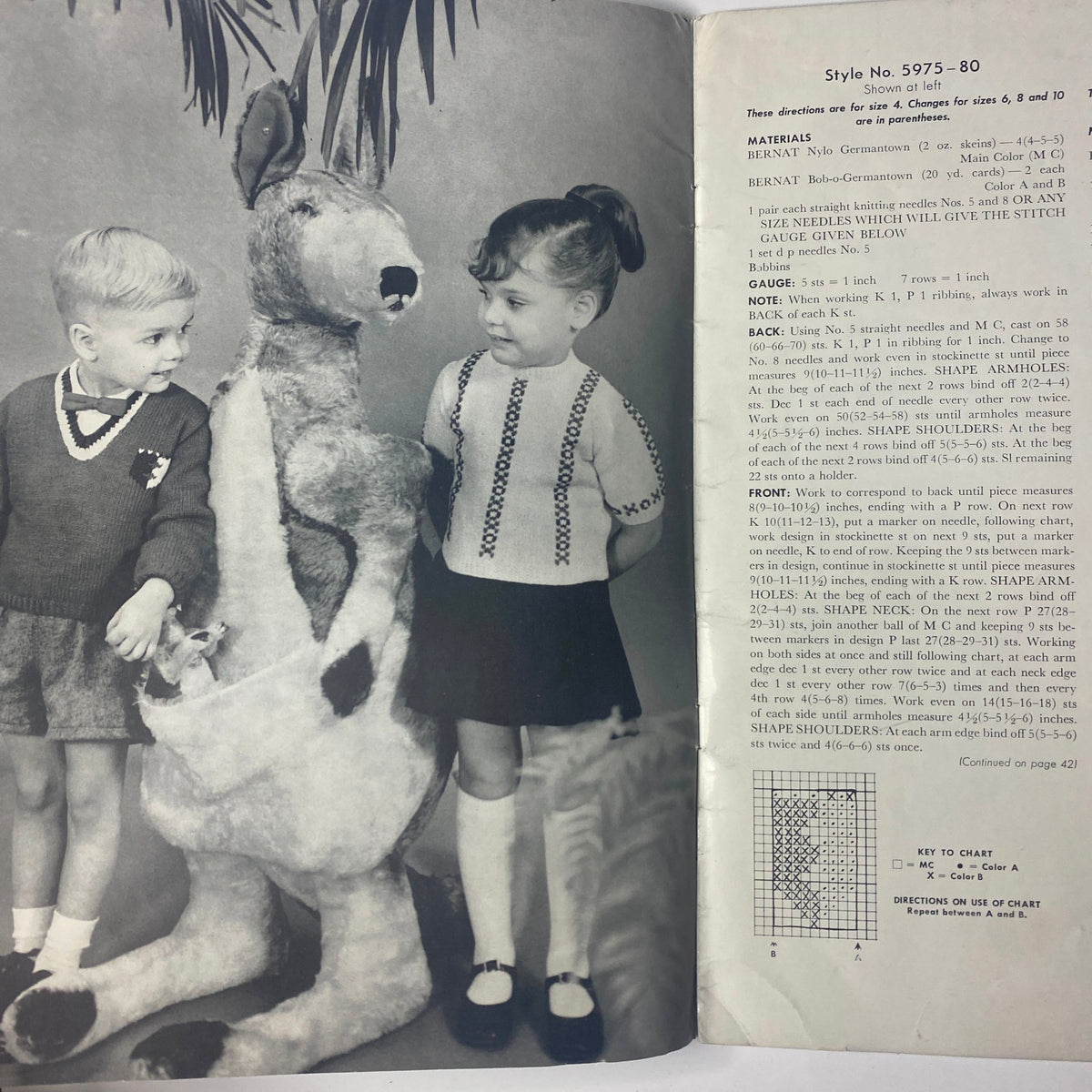 Detailed pattern page from the 1959 No. 80 Bernat Mirsa of Italy Bulky-Knits Catalog displaying Style No. 5975-80 with children in colorwork sweaters and a kangaroo prop.