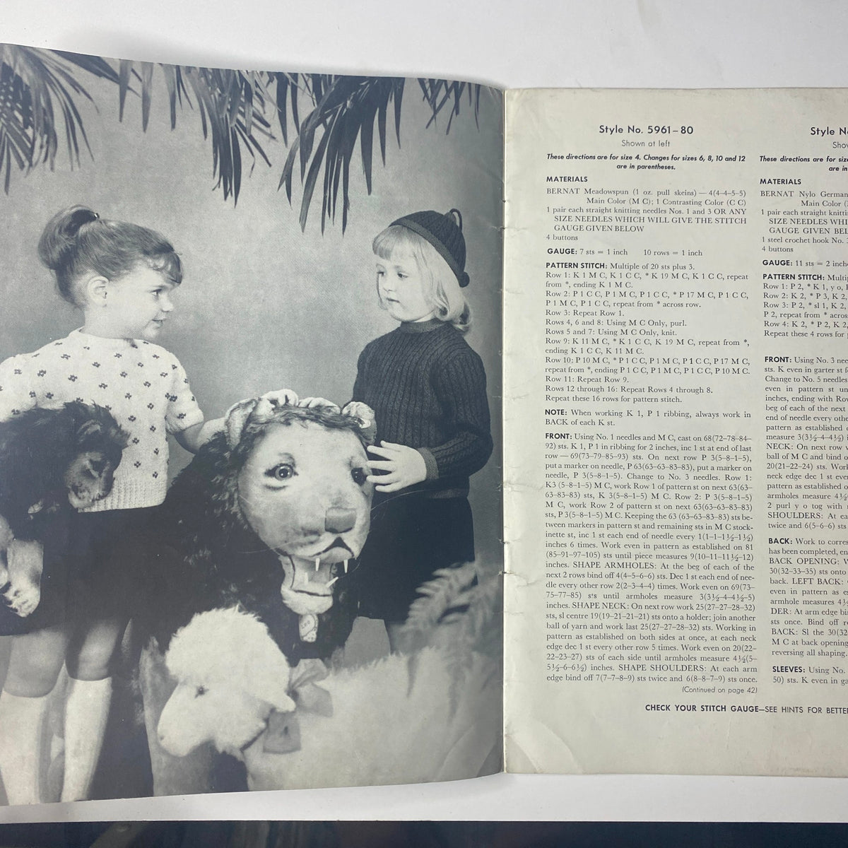 Another pattern page from the 1959 No. 80 Bernat Mirsa of Italy Bulky-Knits Catalog illustrated with children in stylish knitwear alongside animals, including a lion.