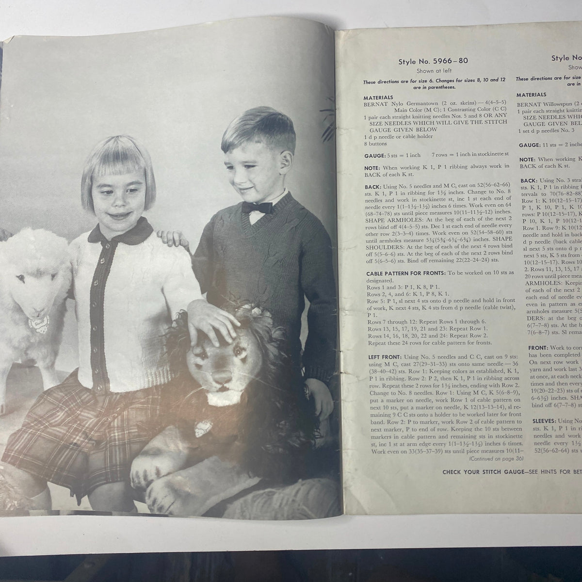 1959 No. 80 Bernat Mirsa of Italy Bulky-Knits Catalog featuring a children's sweater pattern with kids posing with plush animals.