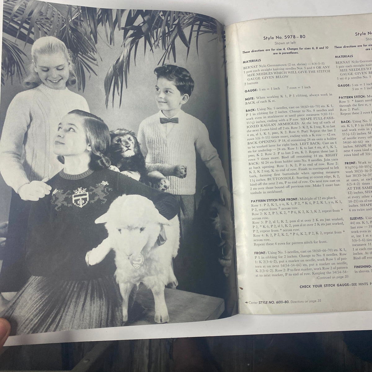 1959 No. 80 Bernat Mirsa of Italy Bulky-Knits Catalog presenting a family scene with a child wearing a knitted sweater and sheep plush, accompanied by another child.