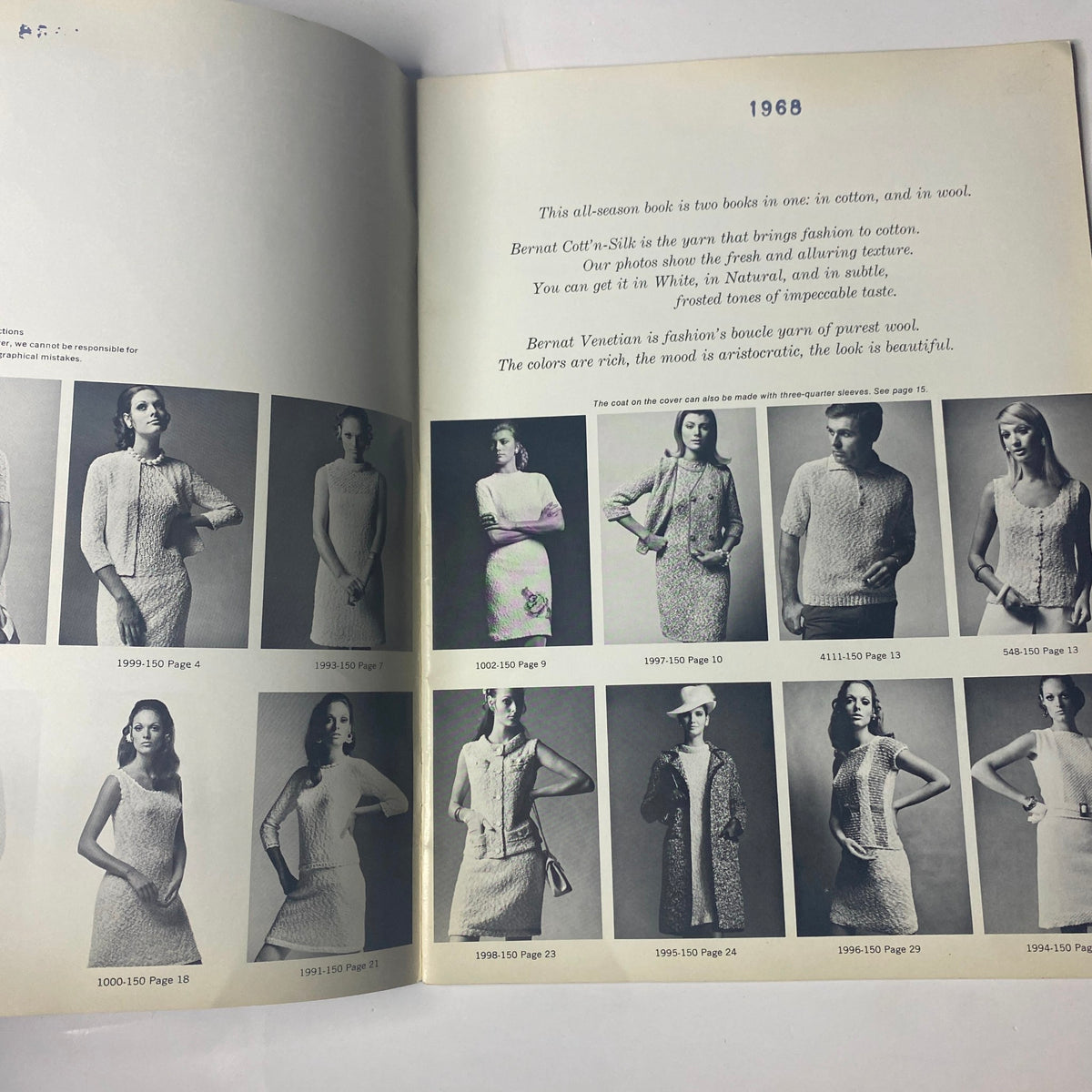 Interior page of the 1968 No. 150 Bernat Catalog displaying an array of elegant knitwear patterns for women, including sleeveless dresses and textured tops.