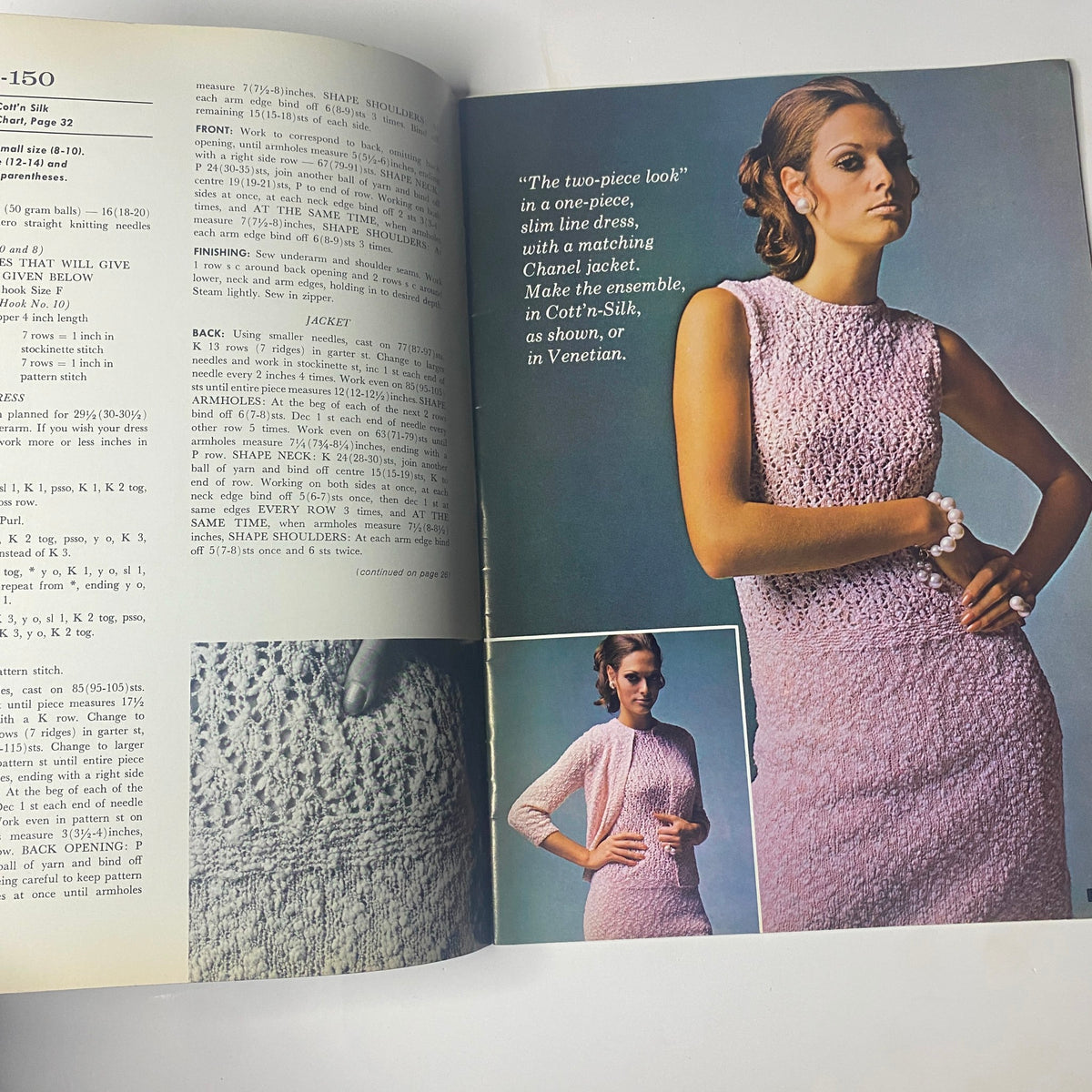 Another interior page from the 1968 No. 150 Bernat Catalog showing a fashion model in a pink knit dress, showcasing design elements and yarn options.