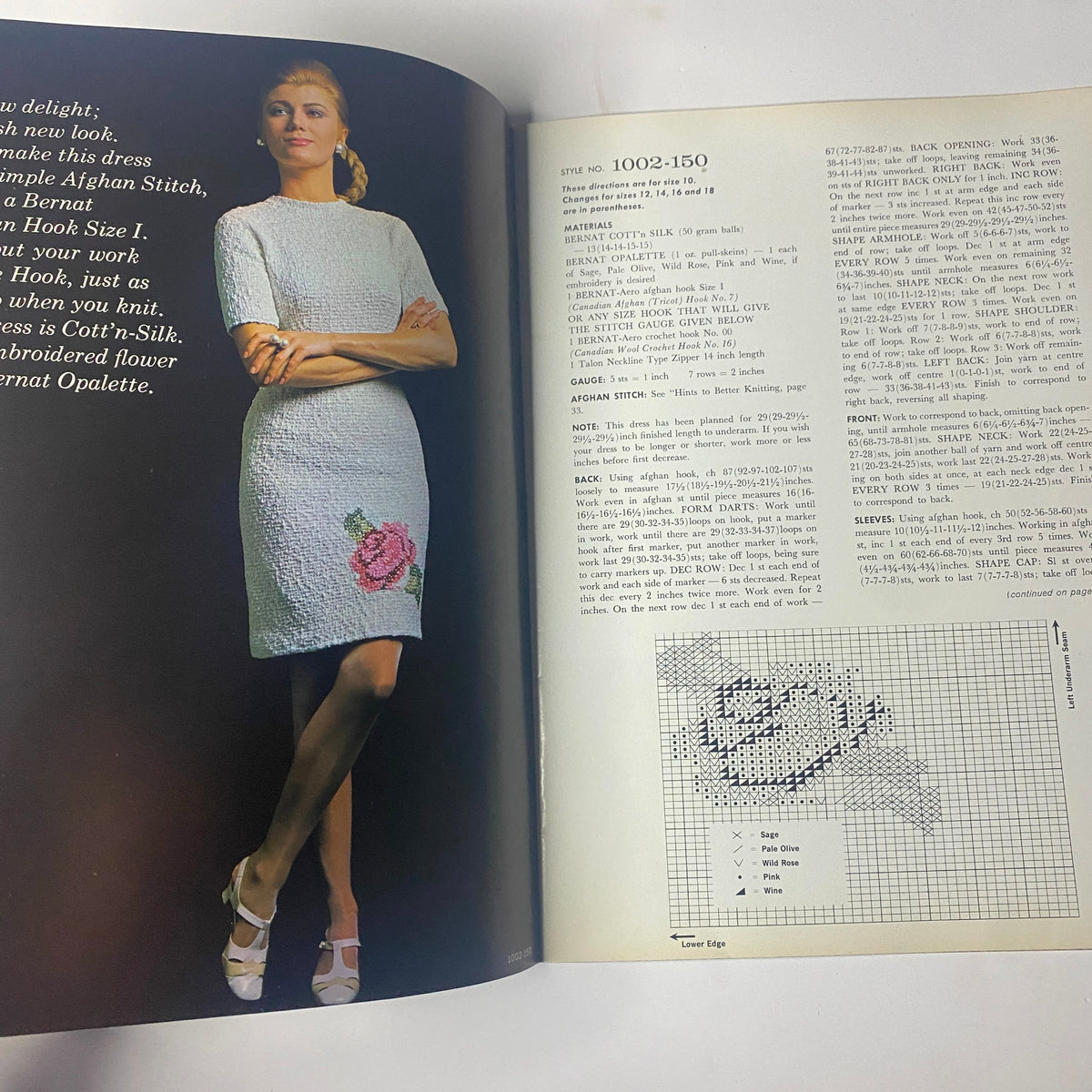 1968 No. 150 Bernat Catalog page featuring a model in a short-sleeve dress with an embroidered flower design, showcasing knitting instructions for the '1002-150' pattern made in Bernat Cott’n-Silk.