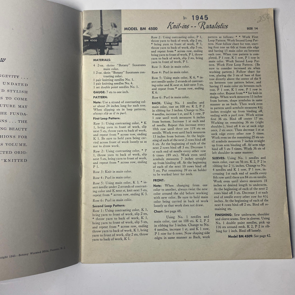 Inside page of the 1945 Vol. 8 Knitted Perennials by Botany Catalog displaying the materials and instructions for the 'Knit-ins – Rusalistics' pattern, model BM 4500.